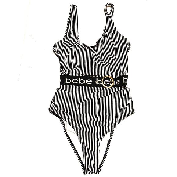 Bebe Black & White Striped Belted One Piece Swimsuit - M